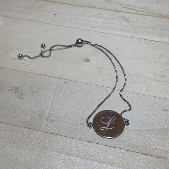 ATI Sterling Silver 925 Letter "L" Engraved Disc Bolo Slide Bracelet Adjustable - Picture 1 of 5